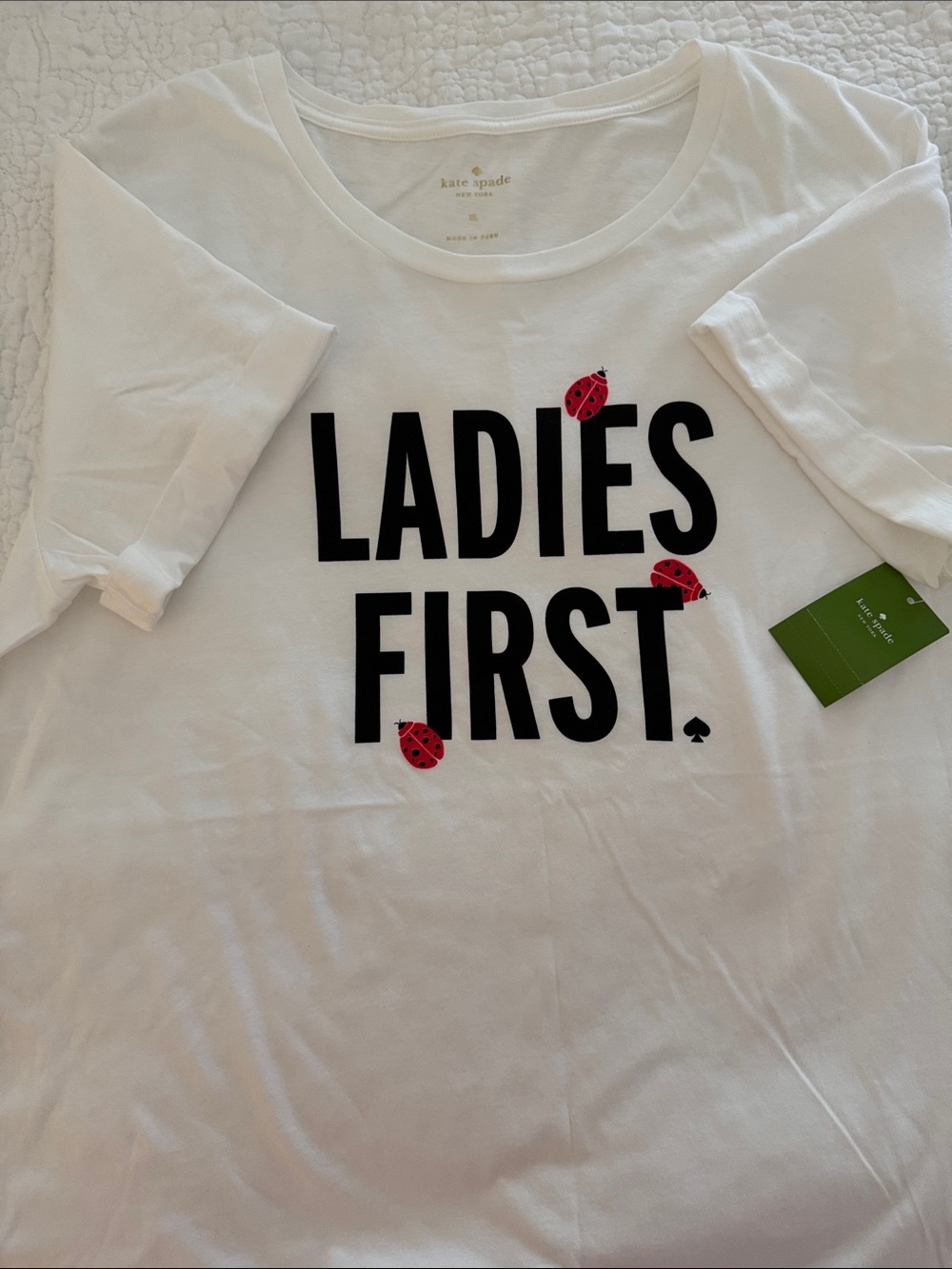 kate spade white short-sleeve tee with black text and red ladybugs NWT sz xl